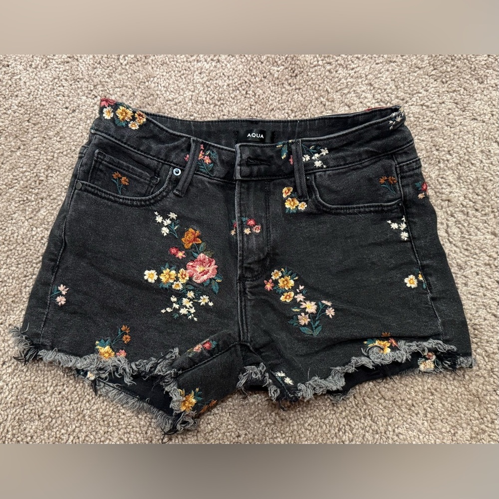Aqua Floral Embroidered Black Denim Shorts